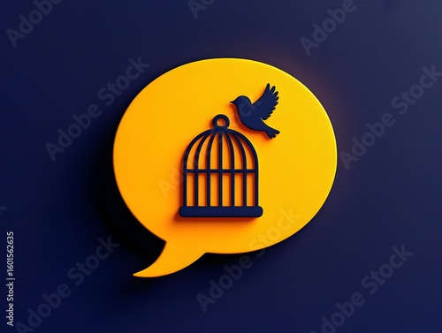 Freedom concept bird flying out of cage icon on speech bubble graphic illustration