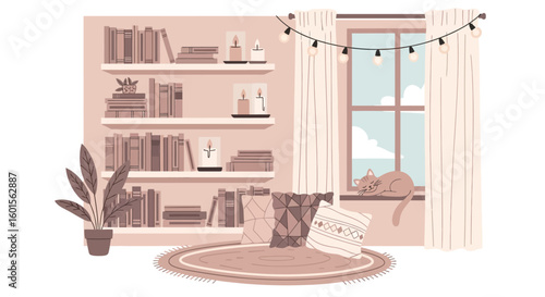 Cozy reading nook with bookshelves, a cat, and string lights, depicted in a soft color palette.