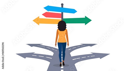 Woman at a crossroads, facing multiple options