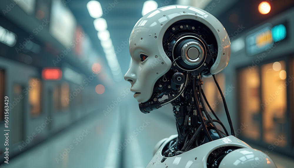 Fototapeta premium A high-quality 3D illustration of a humanoid robot AI bot observing data on a glowing futuristic screen. Symbolizes artificial intelligence, machine learning, data processing, and advanced technology.