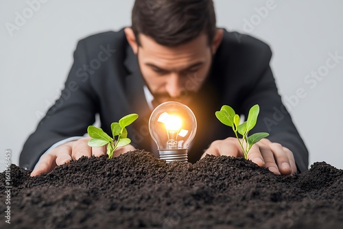 Businessman nurturing innovation with lightbulb and plant growth for business success