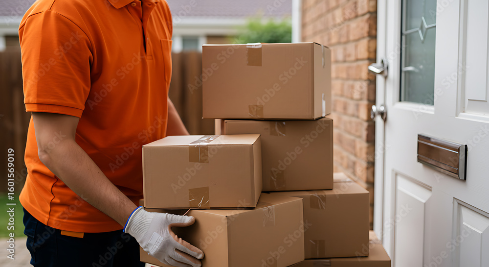Fototapeta premium Courier delivering stack of cardboard boxes to residential front door, highlighting e-commerce and logistics services