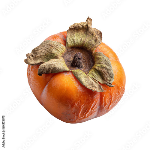 A ripe persimmon fruit. Close-up studio shot of a fresh persimmon with intricate textures and vibrant colors