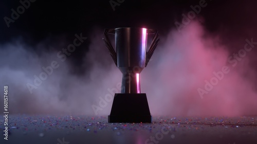 Esports championship trophy with vibrant rgb lighting and smoky atmosphere