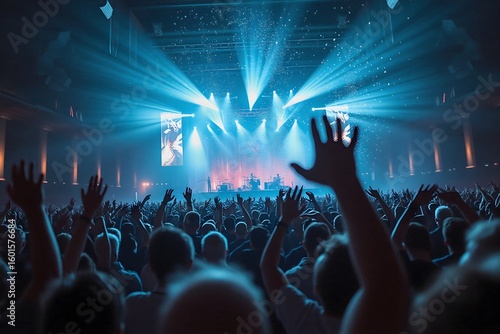 Energetic crowd with hands raised in excitement under dazzling blue stage lights at a live concert event