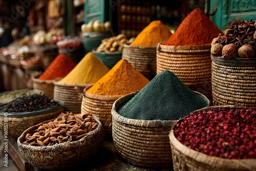 Fototapeta Naklejka Na Ścianę i Meble -  Vibrant Spices in Baskets - Market Display, Exotic Flavors, Culinary Ingredients