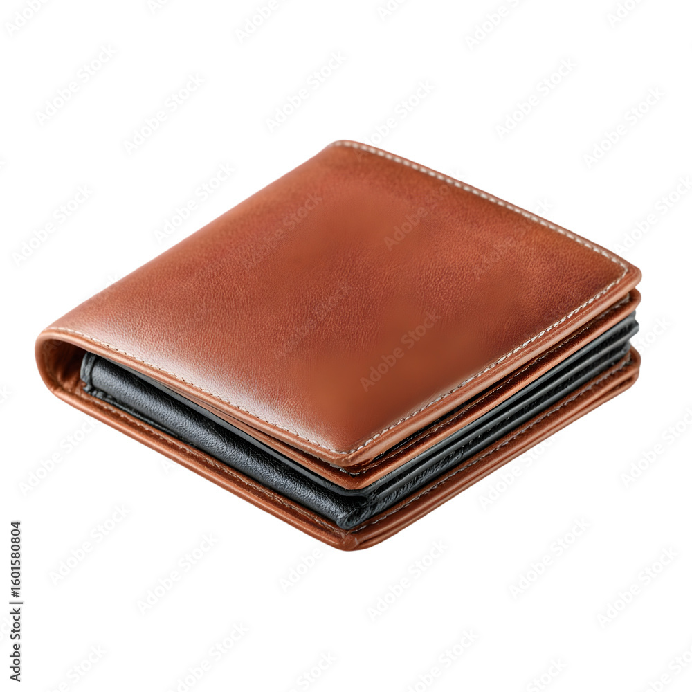 Stylish brown leather bifold wallet with black interior and white stitching isolated on transparent background Stylish brown leather bifold wallet with black interior and white stitching isolated on transparent background