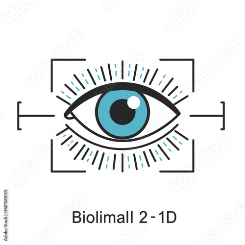 Stylized illustration of a blue eye within a square frame, radiating lines, and the text "Biolimall 2-1D" below.