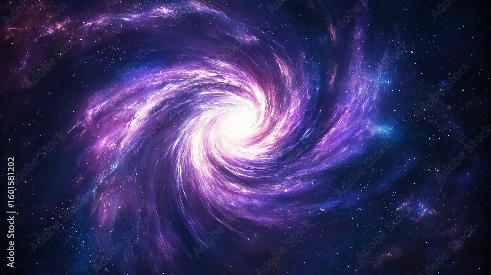 A vibrant purple and blue spiral galaxy glowing in deep space, filled with stars and cosmic dust. A vibrant purple and blue spiral galaxy glowing in deep space, filled with stars and cosmic dust.