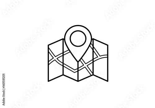 A simple black and white illustration of a folded map with a location pin.