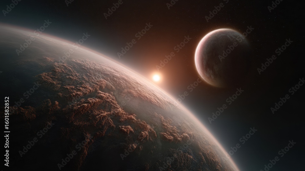 Fototapeta premium Exoplanet atmosphere illuminated by stunning binary sunrise