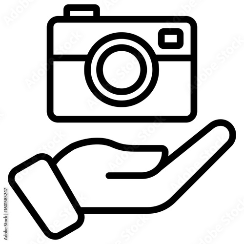 Camera Service Outline Icon Vector Design - Camera held in hand, symbolizing photo service, digital asset offering, or photography support