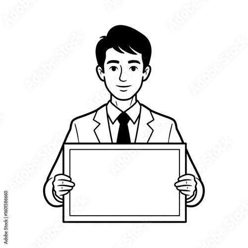 Man in Suit Holding a Blank Sign: Black and White Line Art