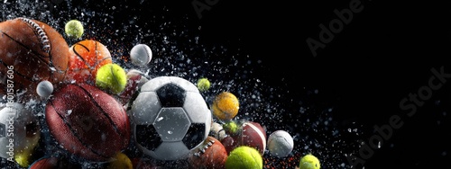A vibrant cluster of various sports balls, drenched in water, against a stark black backdrop