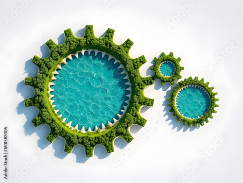 Conceptual illustration of green energy gears with water and trees environment theme