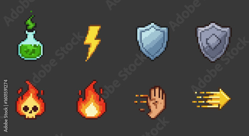 Pixel art set of fantasy RPG ability icons. Includes magic spells like fire and lightning, defensive shields, and skill symbols.