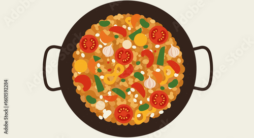 A traditional Spanish paella with fresh vegetables and rice, served in a classic pan. Top view vector illustration of a national dish.