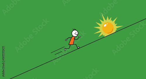 Stick figure person running uphill towards the sun on a green background, symbolizing achievement and striving for goals