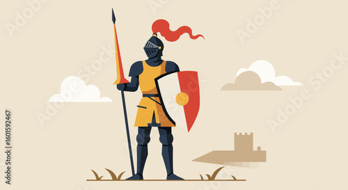 Medieval Knight in Full Armor with Spear and Shield, Standing Guard with Castle in Background