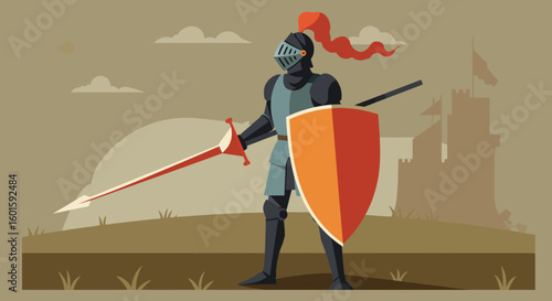 Medieval Knight Illustration Brave Warrior in Full Armor with Lance and Shield
