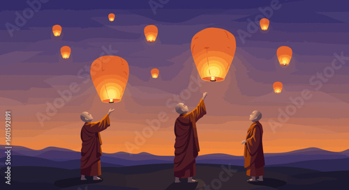Buddhist monks releasing glowing sky lanterns during a traditional festival at dusk, a symbol of hope and peace