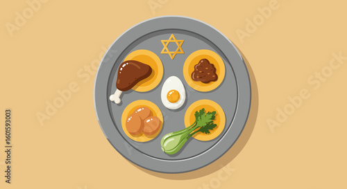 Vector illustration of a traditional Passover Seder plate with symbolic foods for the Jewish holiday of Pesach.