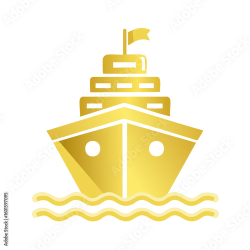 Stylized Golden Cruise Ship Icon on Water Surface, Luxury Vessel Vector Graphic