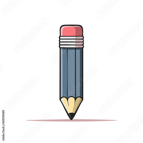 Illustration of a gray pencil with a pink rubber on white background, school writing supplies, flat design