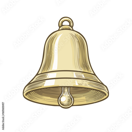 Engraved brass bell illustration in old fashioned vintage style, shining with rich texture lines