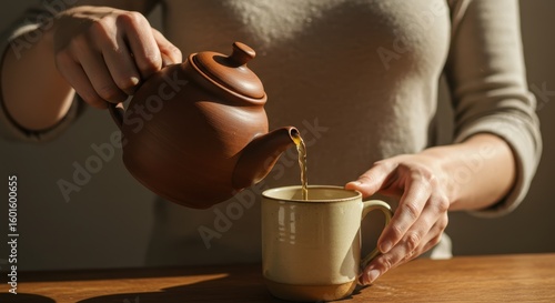 Person Pours Hot Tea from Clay Teapot into Ceramic Cup in Cozy Indoor Setting