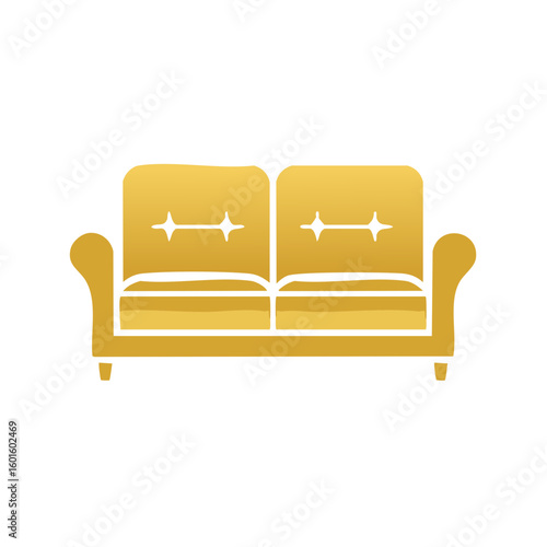Golden vintage couch illustration, golden furniture isolated on white backdrop for interior, stylish design, vector