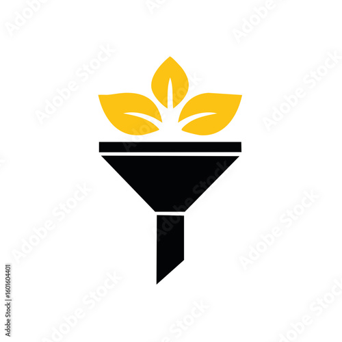 Funnel with Leaves, symbolizes growth, filtration, selection, sorting and reduction concept visually impactful
