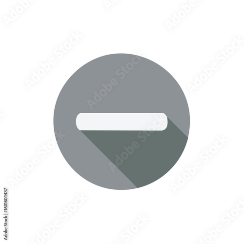 A gray flat design icon shows a minus symbol in a round frame and a shadow, concept and design element.