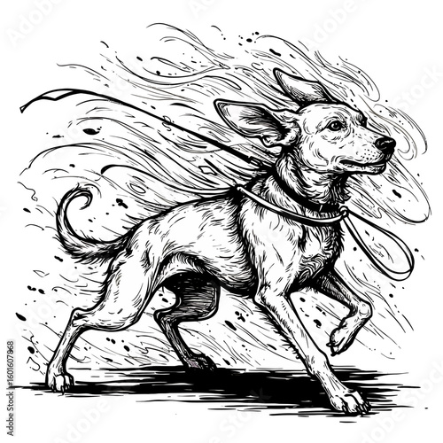 Dynamic Black and White Illustration of a Running Dog with Leash
