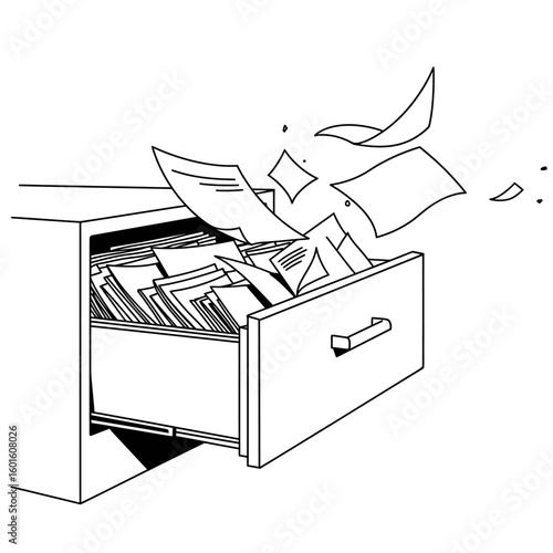 Open Filing Cabinet with Papers Flying Out, Black and White Illustration
