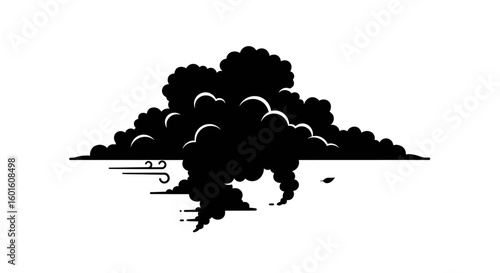 Stylized Black Cloud with Wind and Leaf, Vector Illustration on White Background