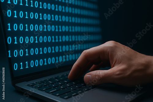 Obraz na płótnie Hand typing on laptop keyboard with glowing binary code on screen, digital programming and cybersecurity concept, hacker coding interface, encryption technology, futuristic software development worksp