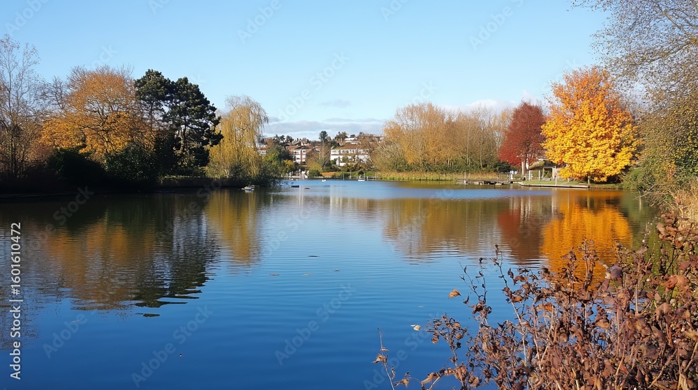 Obraz premium Autumnal park lake reflecting colorful trees