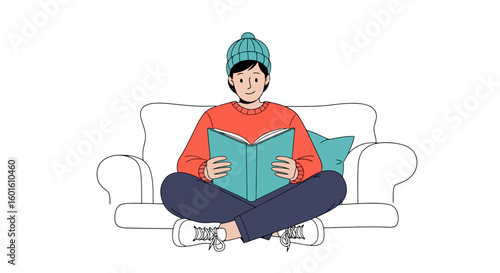 Cozy Reading: A Person Relaxing with a Book on a Sofa