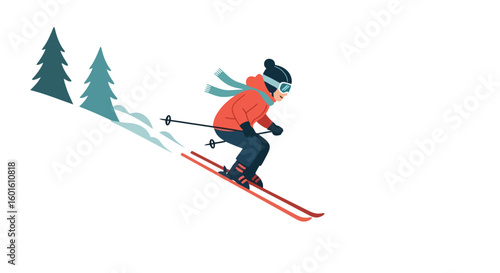Child's Winter Fun: Skiing Downhill Illustration