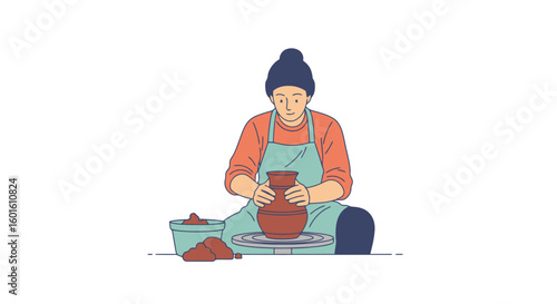 Pottery Artisan Shaping Clay on Wheel, Minimalist Illustration