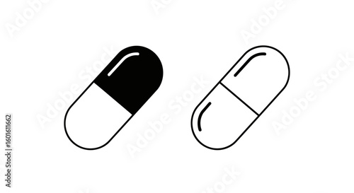 Two capsules illustrated one is half black and white and the other is outlined