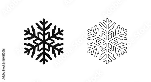 Illustration of two snowflakes one solid black and one outlined on a white background