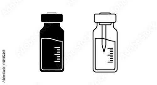Two vials one filled and sealed and the other open with a dropper inside it