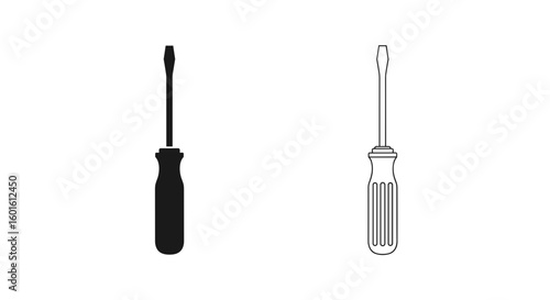 Illustration showing two screwdrivers one in solid black and one in outline form
