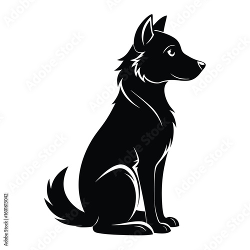a lonely dog sitting quietly and looking into the distance. Pure black vector illustration showing a dog sitting alone with head slightly tilted, capturing a calm or sad mood. Isolated on a white back