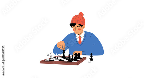 Focused Player: Illustration of a Chess Game Strategy