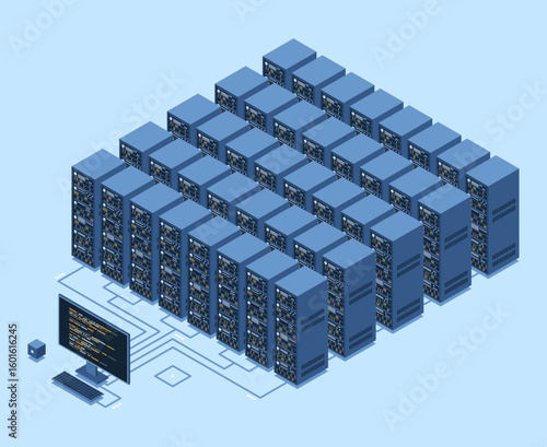 Isometric monitoring big data storage. Data transmission technology. Online hosting technology concept. Isometric technology