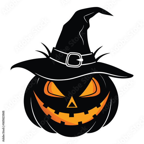 Pure black vector illustration featuring a spooky jack-o'-lantern with a pointed