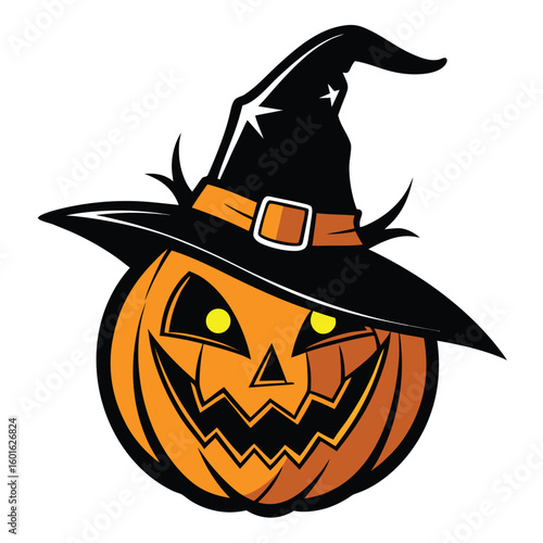 Pure black vector illustration featuring a spooky jack-o'-lantern with a pointed